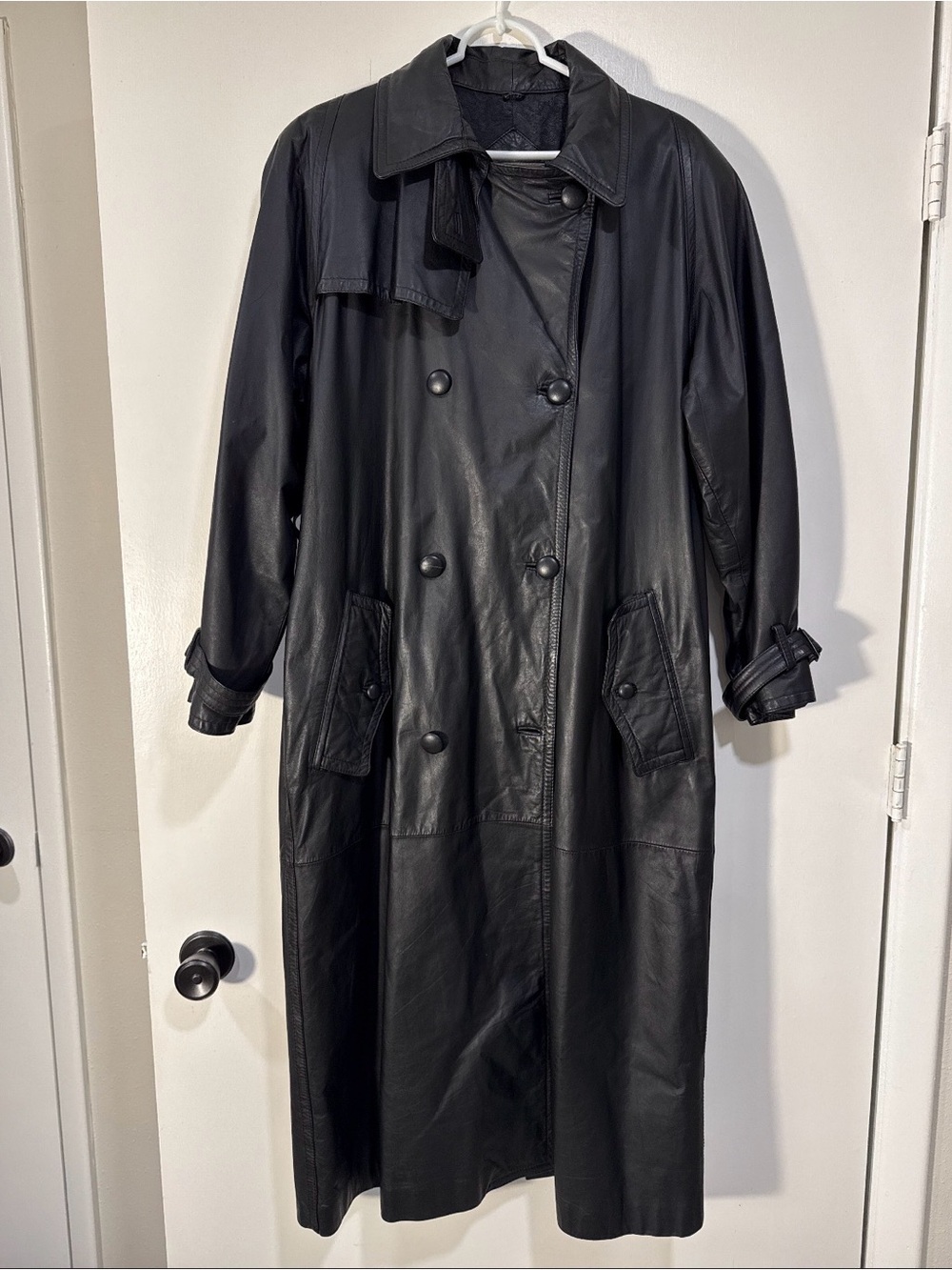 Women's Black Leather Trench Coat - Sleek Double-Breasted Outerwear